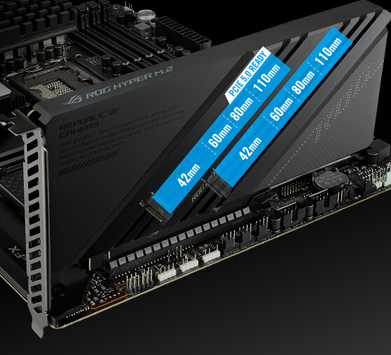 The ROG Maximus Z690 Hero motherboard features a bundled ROG Hyper M.2 Card with two M.2 sockets support PCIe 5.0